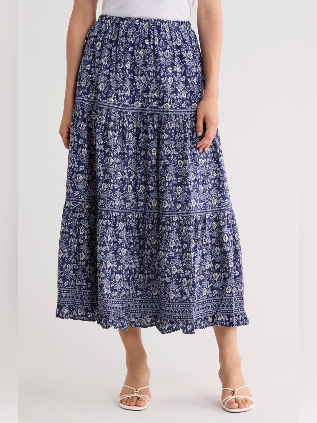 Max Studio Navy Blue Floral Tiered Midi Skirt
